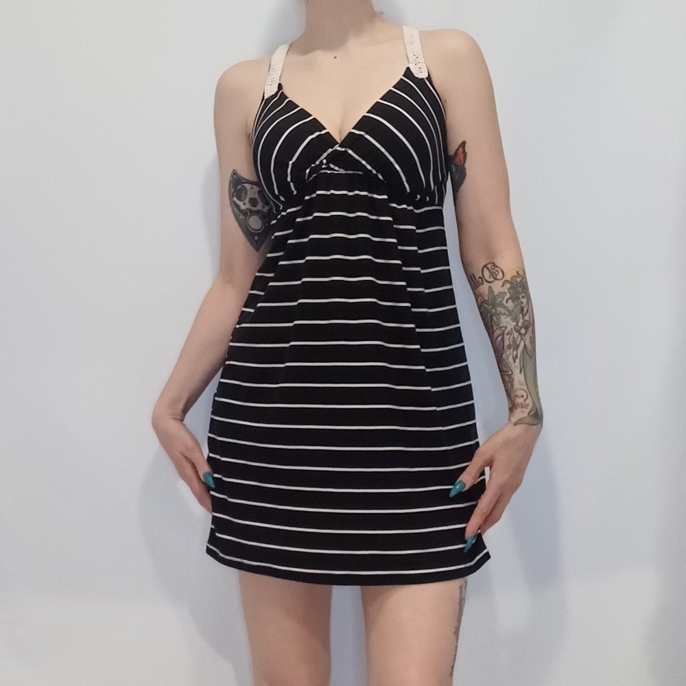 Ardene Black & White Stripped Dress with Crochet Racerback Straps.